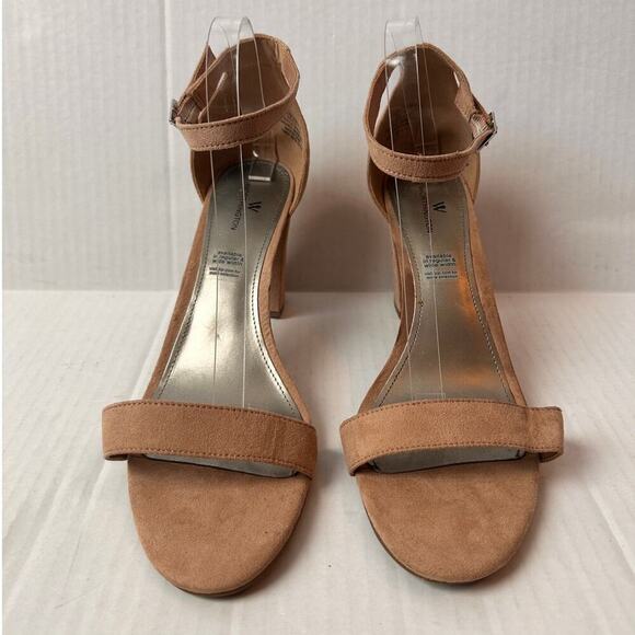 Size 11 Suede Brown Tan Nude Block Heel Slingback Cocktail Sandal Closet Staple - Picture 5 of 9